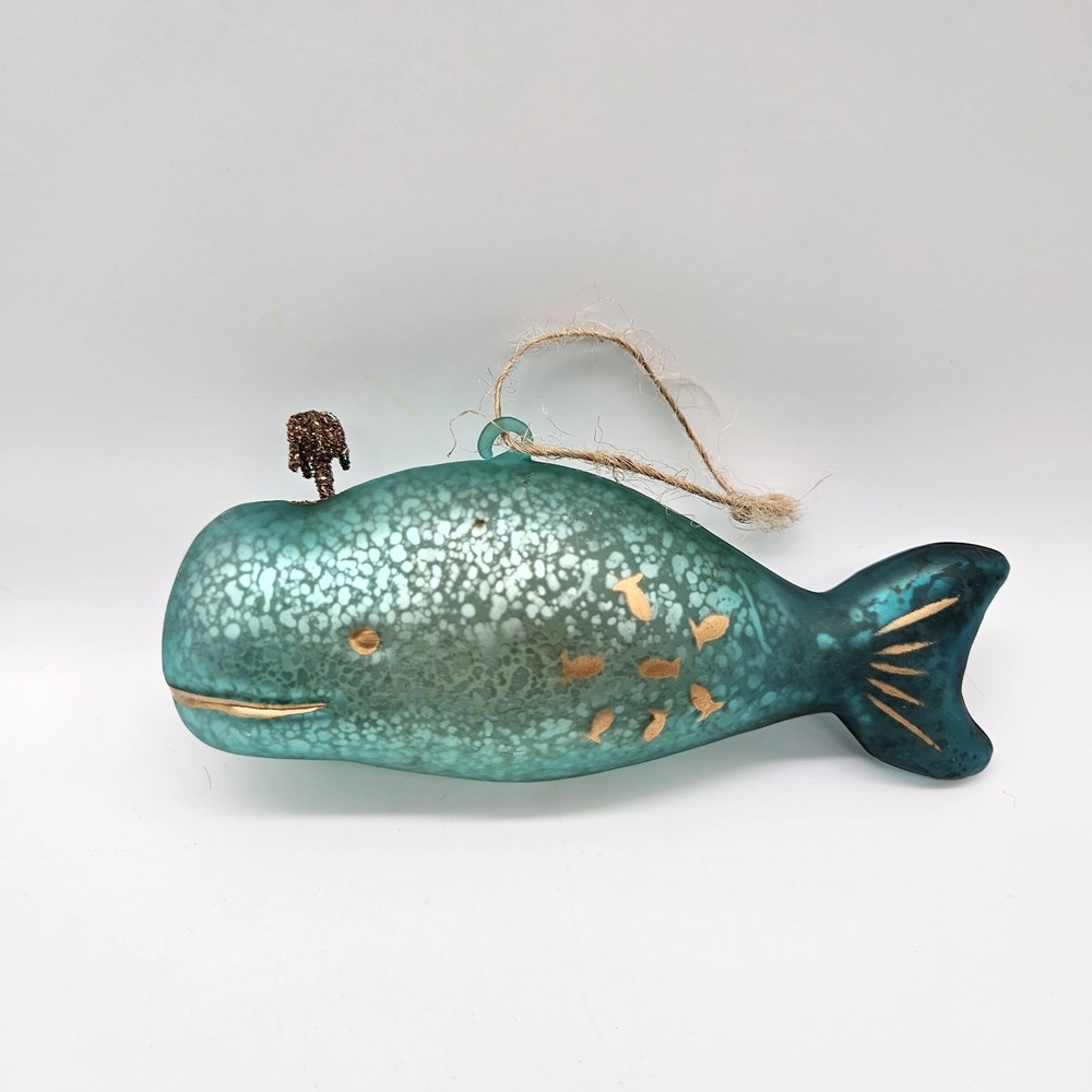 Hand Blown Glass Blue Whale Ornament Mottled Wire Spout Accent Sea Ocean Life 6"